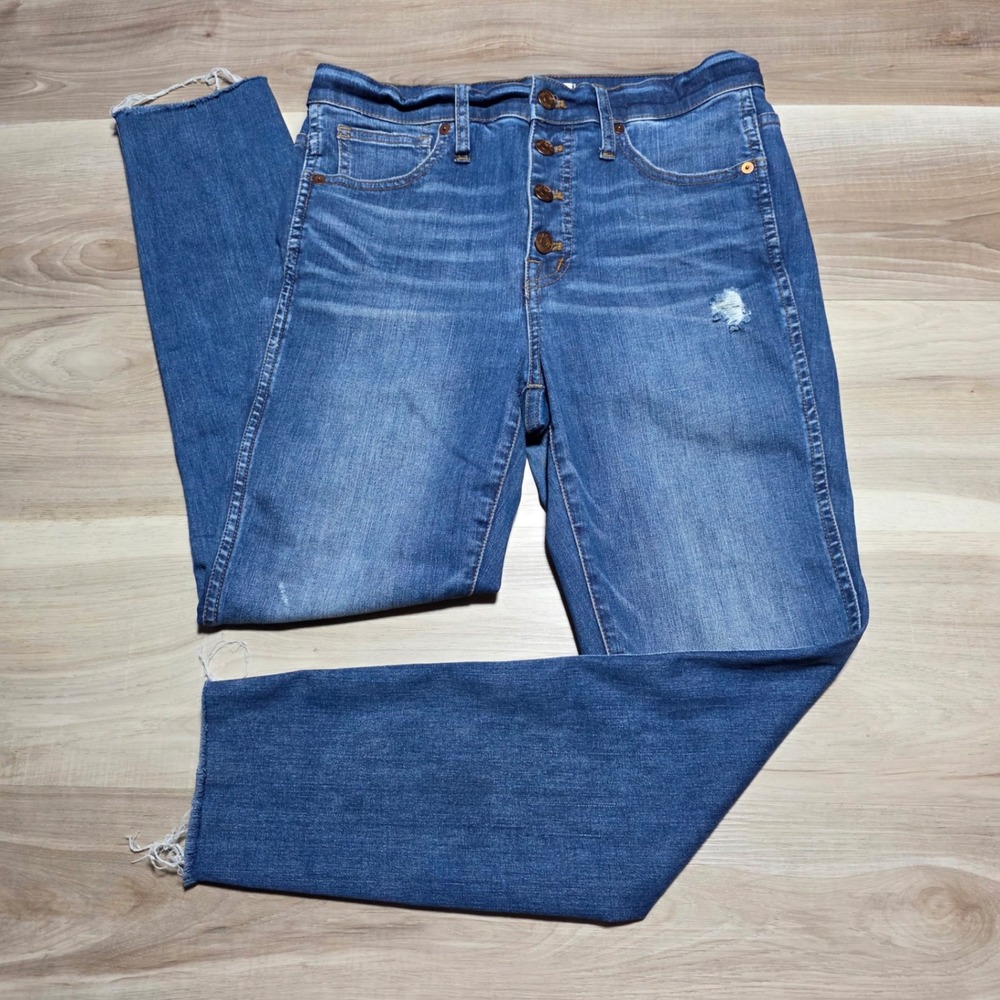 Madewell Skinny Jeans Womens 28 Blue 10 Inch Rise Button Fly Raw Hem‎ Distressed